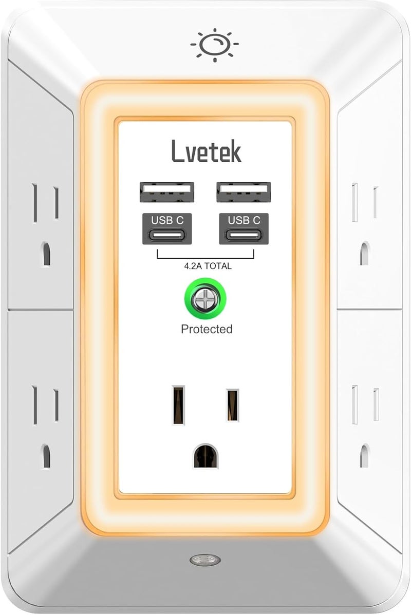 Lvetek حماية من زيادة التيار مع مقبس متعدد - شريط طاقة ثلاثي الجوانب مع 5 مآخذ و 4 منافذ USB (2 USB-C) وضوء ليلي، شاحن حائط USB للمنزل، المكتب، السفر، مدرج من ETL، أبيض - Image 1